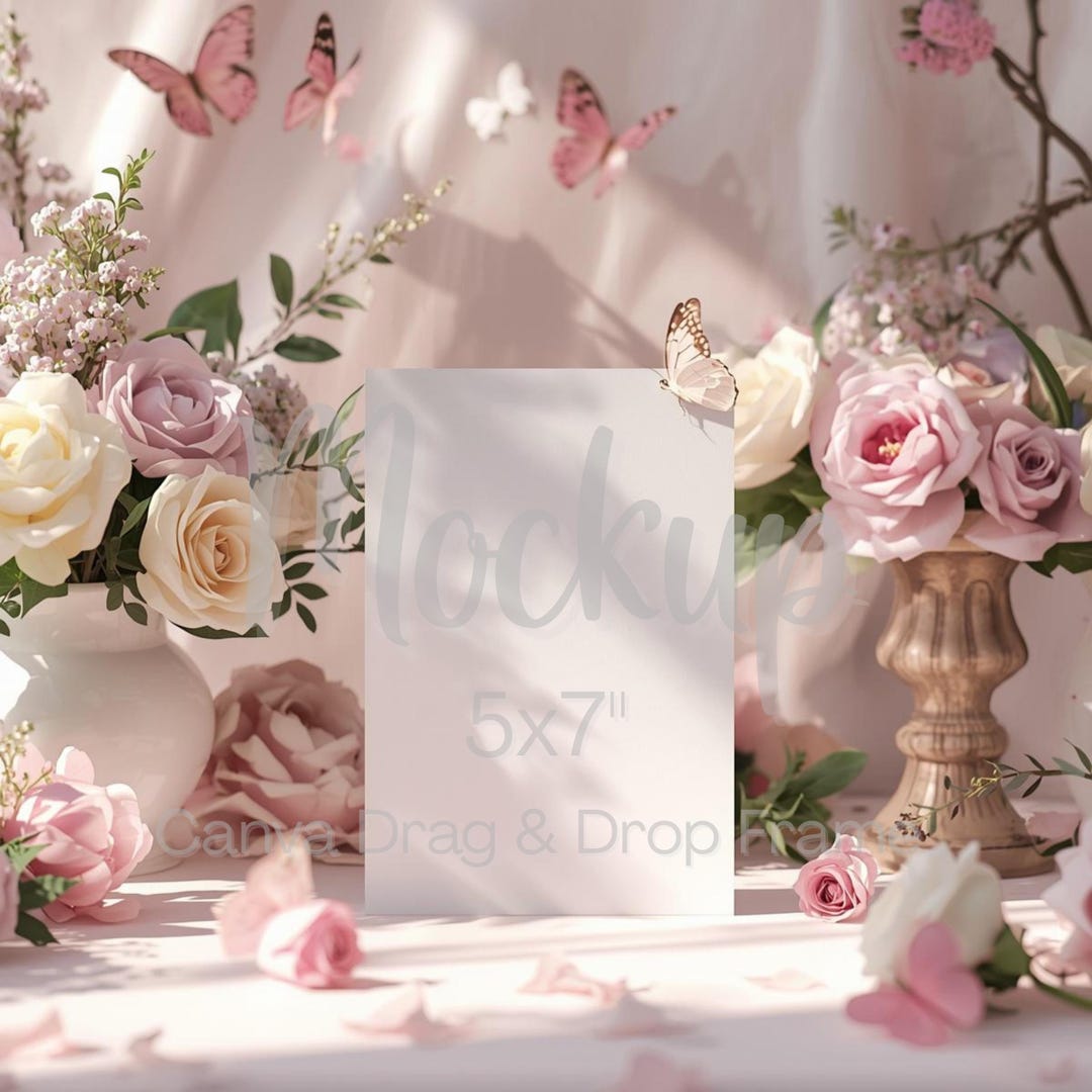 Invertion Scene Pink Butterfly Baby Shower Mockup | Garden Table Invitation Scene ...