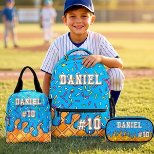 Personalized Baseball Backpack Set, Boys School Backpack with Name, Custom Kids Backpack, Lunch Bag & Pencil Pouch, Baseball Gift for Boys
