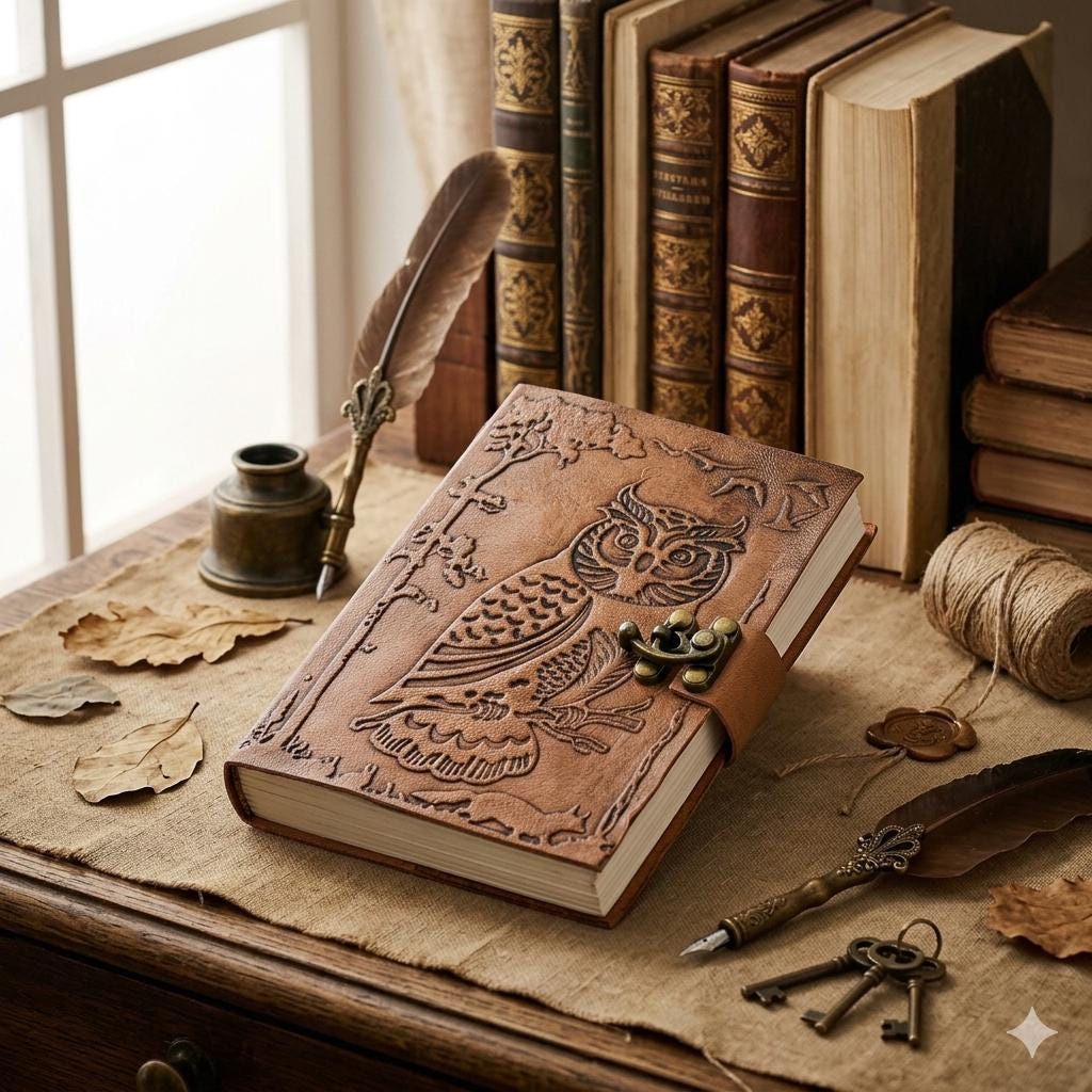 Embossed Leather Journal, Owl Wisdom Diary, Deckle Edge Paper, 7x5 Inch 200 Pages