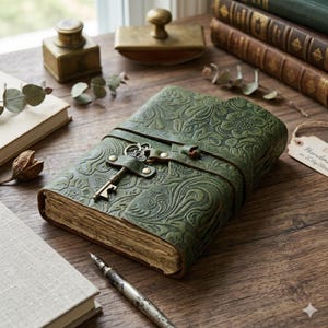 Op de afbeelding: Een saliegroen lederen dagboek met een reliëf bloemenpatroon en een decoratieve metalen sleutelsluiting. Het dagboek heeft een wikkelband en dikke pagina's met gescheurde randen. De kaft is voorzien van gedetailleerde botanische ontwerpen.