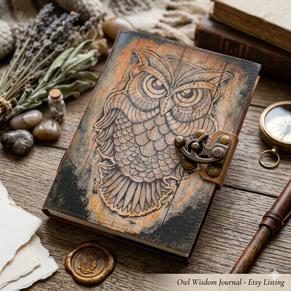 UV Printed Leather Owl Journal, Vintage Notebook Deckle Edge Paper, Antique Lock Diary (7x5)