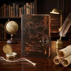 May include: A dark brown leather journal featuring an embossed world map on the cover and a metal latch closure. The cover includes the text, I have not been everywhere, but it is on my list. The journal has rough, deckled paper edges.