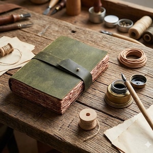 May include: A handmade, olive green leather journal with a leather strap closure and a brass stud. The journal's pages have a deckled edge. The journal is on a wooden surface with ink, a pen, and other craft supplies.