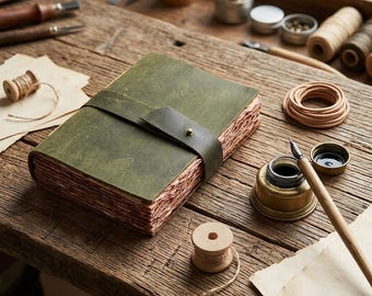 Handcrafted Green Leather Journal - Handmade Refillable Notebook with Coptic Stitch Binding