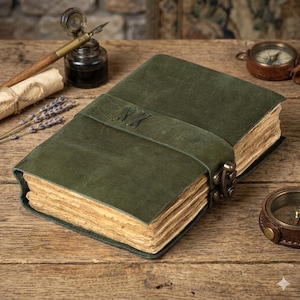 Green Leather Journal – C-Lock Notebook, Handmade Paper Grimoire, Writing Diary