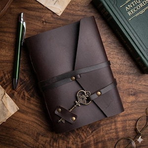 Può includere: Un diario in pelle marrone scuro con chiusura a cinturino e un ciondolo a forma di chiave decorativa. Il diario è su una superficie di legno, con una penna verde e un libro antico visibili sullo sfondo.