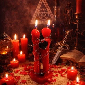 May include: A mystical scene featuring red candles of various sizes, some adorned with chains and a black heart-shaped lock. A pentagram symbol is visible in the background, along with a decorative sword and an open book. The scene is illuminated by candlelight and scattered rose petals.
