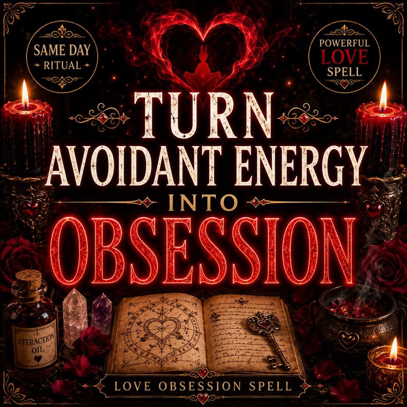 Op de afbeelding: Een donkere, mystieke afbeelding met de tekst "TURN AVOIDANT ENERGY INTO OBSESSION" in het rood. Het toont brandende kaarsen, een open boek met een sleutel, kristallen en een fles "ATTRACTION OIL". De woorden "LOVE OBSESSION SPELL" zijn ook zichtbaar.