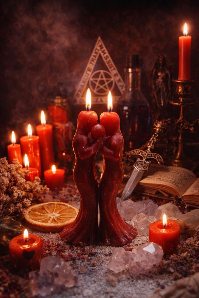 May include: A mystical scene featuring burning red candles of various sizes, including two figure-shaped candles embracing a sphere. Other elements include a dagger, crystals, and an open book, creating a gothic or Wiccan aesthetic.