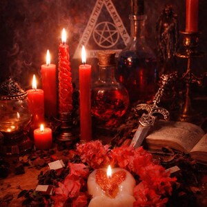 May include: A mystical scene featuring lit red candles of varying sizes, a heart-shaped candle, and a decorative dagger. The composition includes potion bottles, an open book, and a pentagram symbol, all set against a dark, atmospheric backdrop.