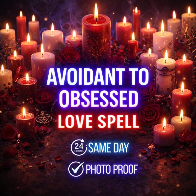 May include: An arrangement of lit candles in varying sizes and colors, including red, white, and pink, with the text "Avoidant to Obsessed Love Spell." The image also includes the text "Same Day" and "Photo Proof."