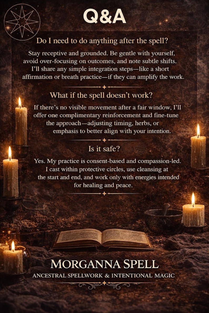 May include: An image with a mystical theme, featuring lit candles, an open book, and text that reads "Q&A" and "MORGANNA SPELL". The scene is set on a dark, textured surface, with a star-like design at the top.