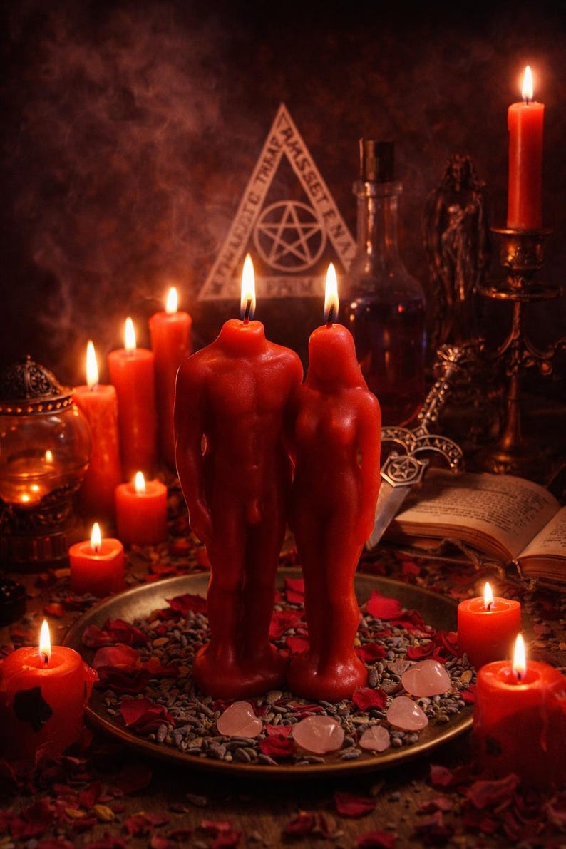 May include: A mystical scene featuring red candles of various sizes, including two figure-shaped candles. The candles are arranged on a tray with rose petals and crystals. Other items include a book, a dagger, and a bottle.