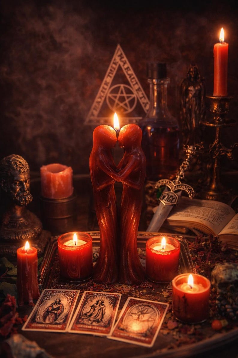 May include: A mystical scene featuring lit red candles, including a unique candle shaped like two figures embracing. Tarot cards, a decorative dagger, and a book are also present, creating a spiritual ambiance.