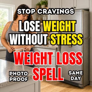 May include: An image with text that reads "Stop Cravings, Lose Weight Without Stress, Weight Loss Spell, Photo Proof, Same Day." A person is measuring their waist with a measuring tape. A refrigerator is in the background.