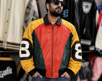 Giacca in pelle Karl Glusman Eenie Meanie 8 Ball / Giacca vintage a blocchi di colore / Cappotto in pelle da corsa multicolore stile anni '90 per uomo e donna