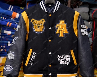 Giacca da college A&T Aggies della Carolina del Nord, nera e oro, giacca da college HBCU Letterman, bomber Aggie Pride, maniche in pelle e lana, cappotto con toppa college