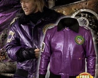 Giubbotto bomber in similpelle viola Joker con collo in pelliccia nera – Cappotto da cattivo vintage – Giacca da costume da uomo – Film retrò