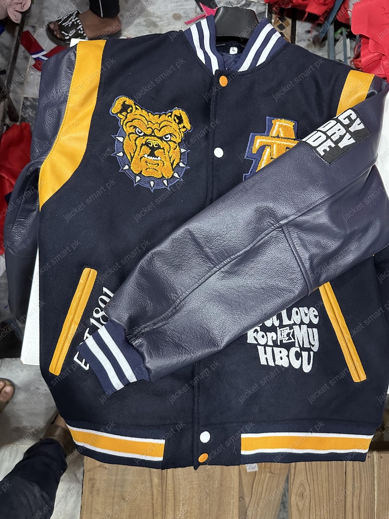 HBCU Varsity Jacket Aggie Pride Bulldog Letterman Jacket Navy Gold Wool Leather College Bomber Custom University Gift Unisex