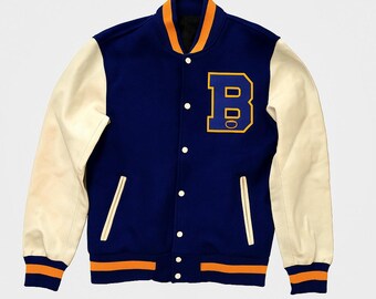 Arma Letale 2 Martin Riggs B Giacca Varsity Vintage Blu Navy Crema Giacca Letterman Uomo Donna Stile College Lana Pelle
