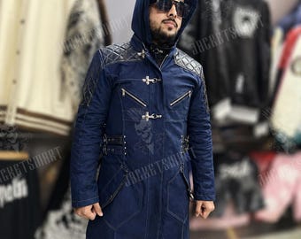 Nero Devil May Cry 5 Denim Coat with Hood Mens Blue Long Leather Coat Hooded Trench Coat Quitch Shoulder Jacket Cosplay Style Winter Coat