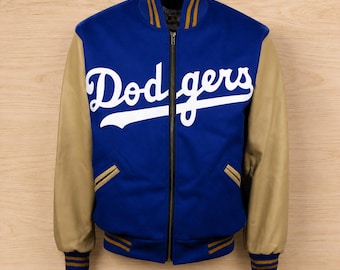 Giacca stile college dei Dodgers del 1951, blu lana, con maniche in pelle beige, giacca da baseball vintage stile letterman, bomber sportivo retrò per uomo e donna.