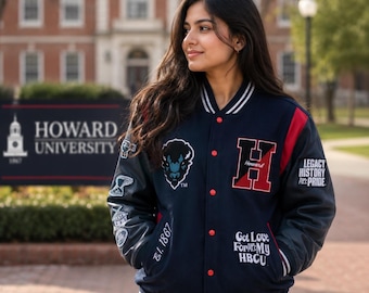 Giacca da college Howard University The Mecca, giacca da letterman HBCU, bomber in lana e pelle Motto 30, giacca Howard Bison