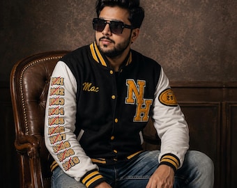 Giacca da college personalizzata N Hale degli anni '80, giacca letterman personalizzata, lana nera, maniche in pelle bianca, streetwear per la classe senior.