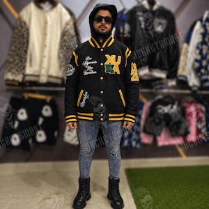 Xavier Inspired Varsity Jacket Zwart Geel Letterman Jacket Custom Naam Patch College Style Wollen Bomberjack Unisex Cadeau