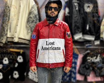 Giacca in pelle rossa Lost Americana da uomo e donna, stile vintage streetwear, giacca da motociclista, giacca color block, idea regalo
