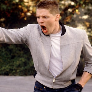 Back to the Future Grey Wool Jacket Men | Vintage Bomber Jacket | Retro 80s Movie Style Coat | Casual Zip Up Jacket Gift