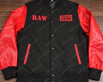 Chaqueta universitaria RAW Is War, negra y roja, con mangas de cuero, estilo letterman, bomber bordada, ropa de calle personalizada, regalo para él
