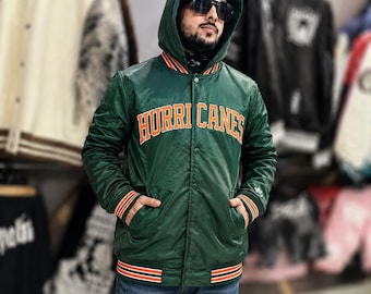 Giacca bomber in raso dei Miami Hurricanes, giacca stile Starter vintage degli Hurricanes, giacca da college football arancione, verde e bianca