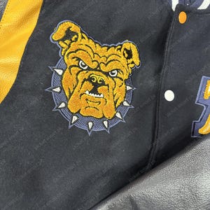 Aggie Pride Varsity Jacket | HBCU Legacy Letterman Jacket | NCAT Bulldog Embroidered Wool & Leather Coat