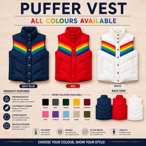 Vintage regenboog chevron puffer vest, retro gewatteerd mouwloos wintervest, kleurrijk warm unisex puffer gilet met drukknopen