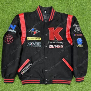 Kavinsky Reborn Varsity Jacket Black Red Letterman Jacket Embroidered Patches Streetwear Bomber Jacket Retro Racing Style Custom Jacket