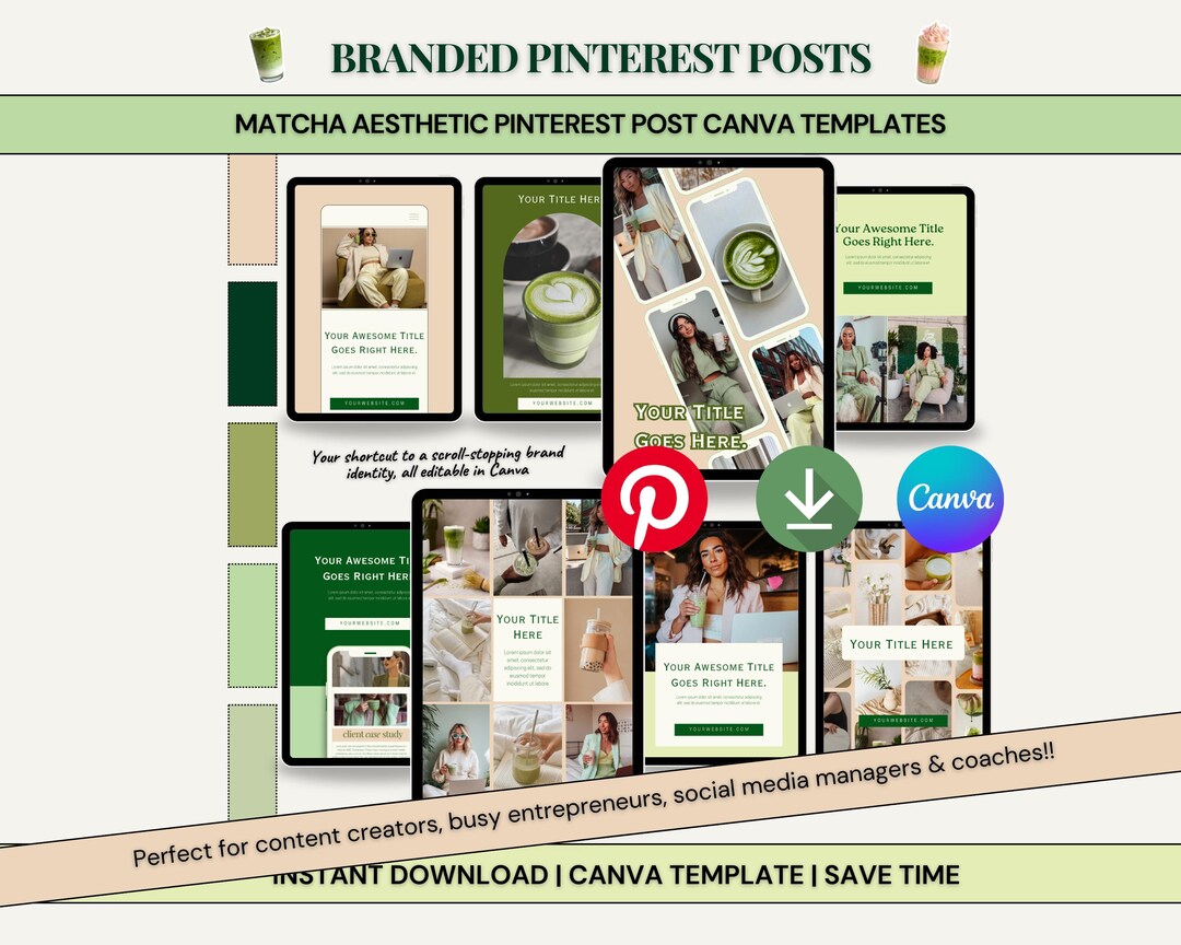 Matcha Branded Pinterest Post Templates, Trendy Canva Templates for ...
