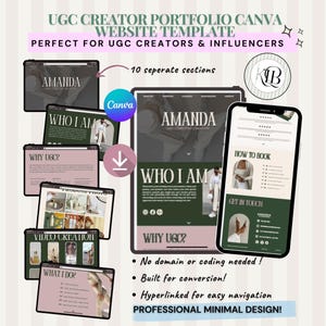 Könnte beinhalten: Eine digitale Website-Vorlage für UGC-Ersteller und Influencer. Das Design zeichnet sich durch ein professionelles, minimalistisches Design mit einem rosa, grünen und weißen Farbschema aus. Die Vorlage umfasst 10 separate Abschnitte und ist auf Konvertierung und einfache Navigation ausgelegt.