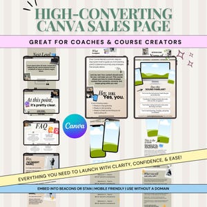 Może przedstawiać: Grafika marketingu cyfrowego z tekstem "HIGH-CONVERTING CANVA SALES PAGE" i "GREAT FOR COACHES & COURSE CREATORS." Projekt zawiera makiety urządzeń cyfrowych z tekstem i logo Canva.