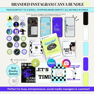 May include: A digital marketing bundle with Instagram templates, story highlights, and Canva elements. The design includes mockups of phones with various social media posts, icons, and text: "Guess what?" and "Ask me anything."