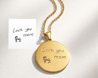 Personalized Handwriting Necklace, Custom Engraved Round Pendant, Memorial Keepsake Gift