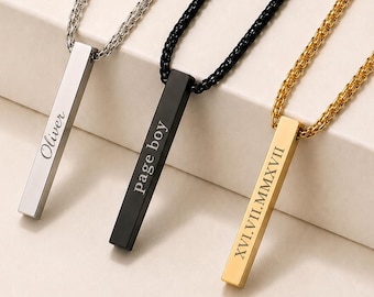 Personalized Bar Necklace, Custom Engraved Stainless Steel Pendant, Unisex Necklace
