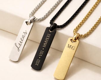 Personalized Men's Vertical Bar Necklace, Custom Engraved Stainless Steel Pendan, Gift for Him