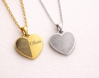 Personalized Fingerprint Heart Necklace, Custom Couple Memorial Keepsake Jewelry