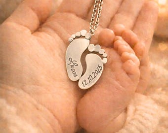 Personalized Baby Feet Necklace, Engraved Name Date Keepsake Jewelry