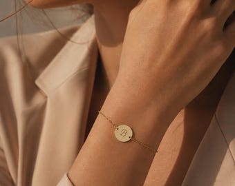 Personalized Disc Bracelet, Engraved Initial Charm, Gold Finish, Minimal Name Jewelry