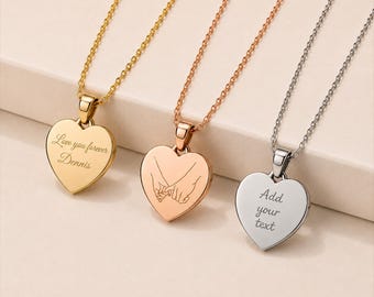 Engraved Heart Necklace, Personalized Name Date Pendant, Custom Handwriting Necklace