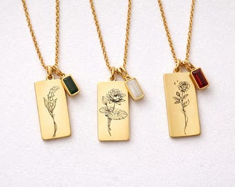 Personalized Birth Flower Necklace, Custom Engraved Name, Birthstone Jewellery