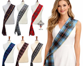 Fajín de tartán para mujer, tamaño 90" x 12". Bufanda tradicional de tartán hecha a mano para mujer con broche de piedra. Disponible en más de 100 tartanes.