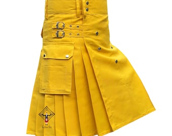 Yellow Utility Kilt - Deluxe Cotton Cargo Pockets Outdoor Wedding Kilt - Sizes 28" to 62" With Custom Length and In Different Colors